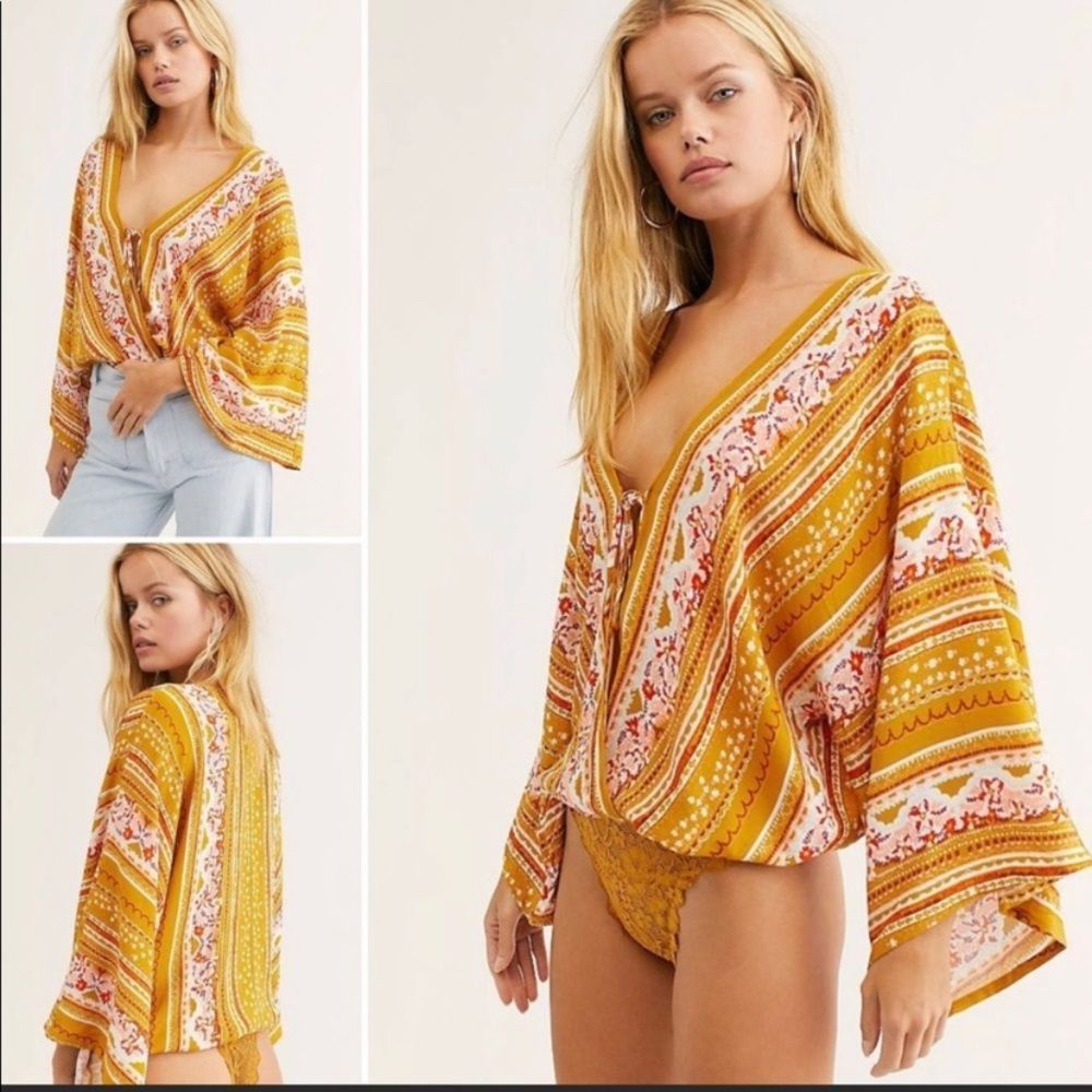 Free People Mustard Yellow & Pink Printed Wrap Bodysuit